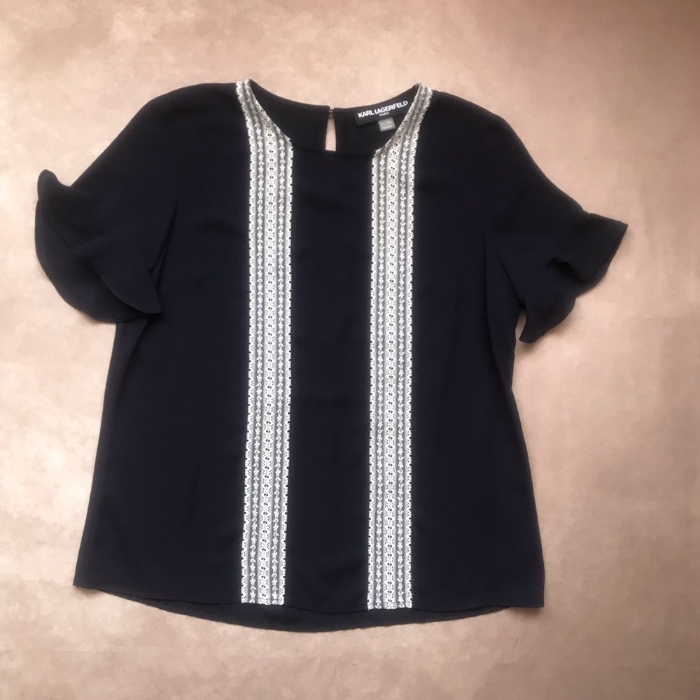 NWOT Karl Lagerfeld Paris Navy Blue White Lace Panels Ruffle Sleeve Blouse M